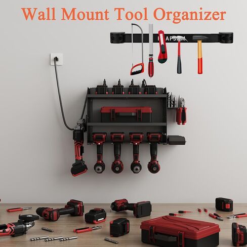 Power Tool Organizer Wall Mount with Charging Station, Garage 4 Drill Holders Wall Mount, 8 Outlet Power Strip, Heavy Duty Metal Power Tool Storage Rack Tool Shelf, Gifts for Men Dad Husband Christmas in Saudi Arabia