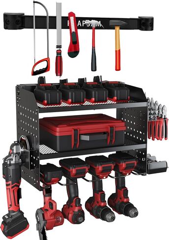 Power Tool Organizer Wall Mount with Charging Station, Garage 4 Drill Holders Wall Mount, 8 Outlet Power Strip, Heavy Duty Metal Power Tool Storage Rack Tool Shelf, Gifts for Men Dad Husband Christmas in Saudi Arabia