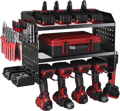 Power Tool Organizer Wall Mount with Charging Station, Garage 4 Drill Holders Wall Mount, 8 Outlet Power Strip, Heavy Duty Metal Power Tool Storage Rack Tool Shelf, Gifts for Men Dad Husband Christmas in Saudi Arabia