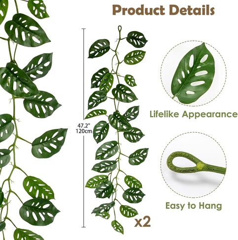2pcs الوحوش الاصطناعية يترك كروم 4 قدمًا معلقة مزيفة من نبات اللبلاب الأخضر جارلاند فوكس ديكور كرمة استوائية لجدار غابة لوا شاطئ عيد ميلاد داخلي ديكور المنزل في الهواء الطلق in Kuwait