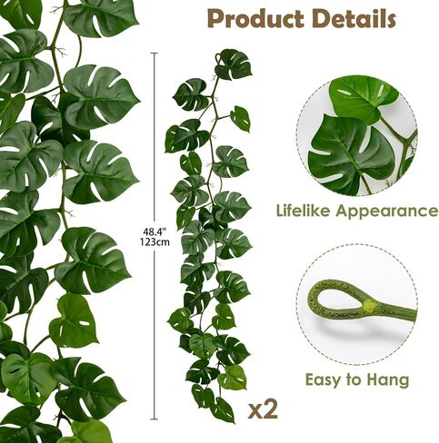 2pcs الوحوش الاصطناعية يترك كروم 4 قدمًا معلقة مزيفة من نبات اللبلاب الأخضر جارلاند فوكس ديكور كرمة استوائية لجدار غابة لوا شاطئ عيد ميلاد داخلي ديكور المنزل في الهواء الطلق in Kuwait