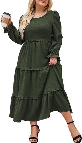 Hanna Nikole Womens Plus Size Fall Long Sleeve Maxi Dress Crewneck Smocked Tier Flower Flowy Long Long Brucks مع جيوب in Saudi Arabia