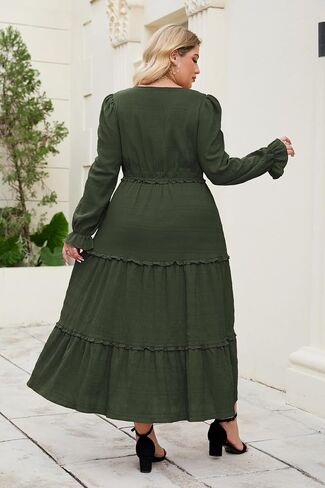 Hanna Nikole Womens Plus Size Fall Long Sleeve Maxi Dress Crewneck Smocked Tier Flower Flowy Long Long Brucks مع جيوب in Saudi Arabia