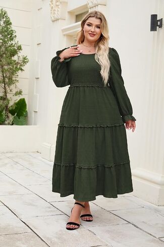 Hanna Nikole Womens Plus Size Fall Long Sleeve Maxi Dress Crewneck Smocked Tier Flower Flowy Long Long Brucks مع جيوب in Saudi Arabia