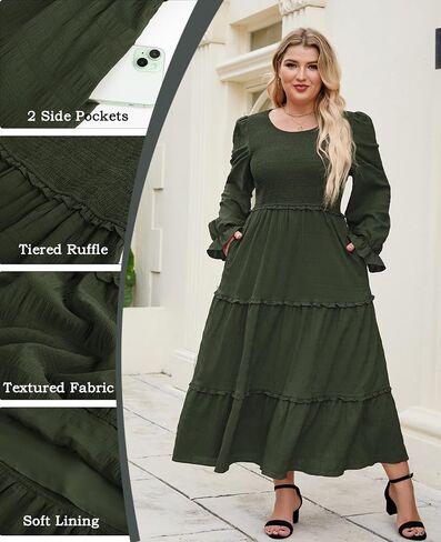 Hanna Nikole Womens Plus Size Fall Long Sleeve Maxi Dress Crewneck Smocked Tier Flower Flowy Long Long Brucks مع جيوب in Saudi Arabia