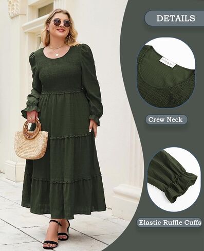 Hanna Nikole Womens Plus Size Fall Long Sleeve Maxi Dress Crewneck Smocked Tier Flower Flowy Long Long Brucks مع جيوب in Saudi Arabia