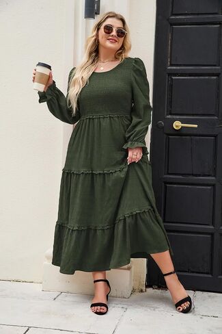 Hanna Nikole Womens Plus Size Fall Long Sleeve Maxi Dress Crewneck Smocked Tier Flower Flowy Long Long Brucks مع جيوب in Saudi Arabia