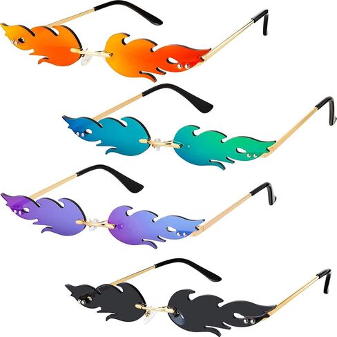 Fire Flame Sunglasses Rimless Flame Shaped Sun Glasses Wave Fire Shaped Glasses for Women Men Party Supplies Photo Props (4 Pairs, Red, Purple, Gray and Green) in Saudi Arabia