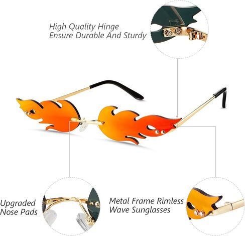Fire Flame Sunglasses Rimless Flame Shaped Sun Glasses Wave Fire Shaped Glasses for Women Men Party Supplies Photo Props (4 Pairs, Red, Purple, Gray and Green) in Saudi Arabia