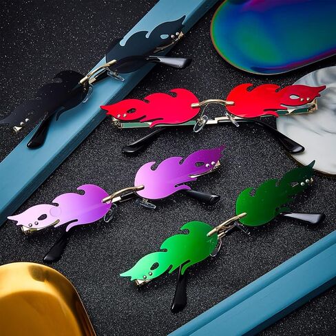 Fire Flame Sunglasses Rimless Flame Shaped Sun Glasses Wave Fire Shaped Glasses for Women Men Party Supplies Photo Props (4 Pairs, Red, Purple, Gray and Green) in Saudi Arabia