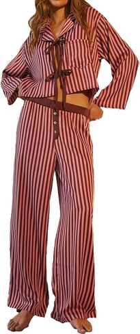 HOXIJIA Women Y2K Floral Printed 2 Pieces Pajamas Sets Long Sleeve Tie Front Shirt and Wide Leg Pants 2PCS Lounge Outfits in Kuwait