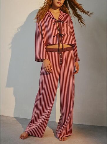 HOXIJIA Women Y2K Floral Printed 2 Pieces Pajamas Sets Long Sleeve Tie Front Shirt and Wide Leg Pants 2PCS Lounge Outfits in Kuwait