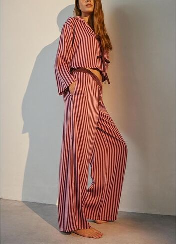 HOXIJIA Women Y2K Floral Printed 2 Pieces Pajamas Sets Long Sleeve Tie Front Shirt and Wide Leg Pants 2PCS Lounge Outfits in Kuwait