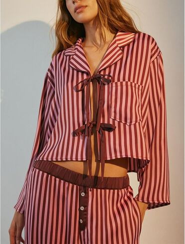 HOXIJIA Women Y2K Floral Printed 2 Pieces Pajamas Sets Long Sleeve Tie Front Shirt and Wide Leg Pants 2PCS Lounge Outfits in Kuwait