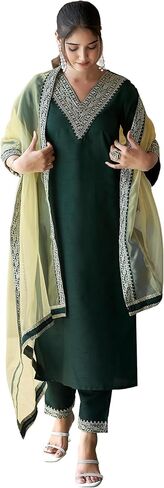 Women's Silk Blend Embroidery Lace Straight Kurta With Pant And Dupatta in Kuwait