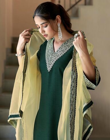 Women's Silk Blend Embroidery Lace Straight Kurta With Pant And Dupatta in Kuwait