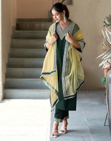 Women's Silk Blend Embroidery Lace Straight Kurta With Pant And Dupatta in Kuwait