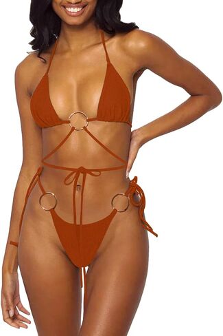 نساء الرسن سلسلة البيكيني مجموعة مثير ثونغ صفيق اثنين من قطع السباحة الصلبة ألوان السباحة الاستحمام in Kuwait