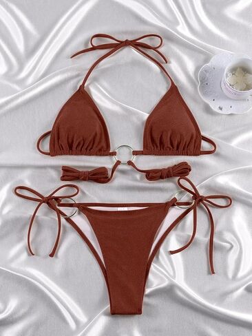 نساء الرسن سلسلة البيكيني مجموعة مثير ثونغ صفيق اثنين من قطع السباحة الصلبة ألوان السباحة الاستحمام in Kuwait