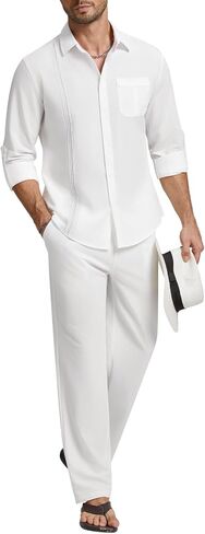 Ween Charm Mens قمصان غير رسمية 2 قطعة طويلة الأكمام زر أسفل القميص الكوبي والسراويل مجموعة شاطئ الصيف شاطئ in Kuwait