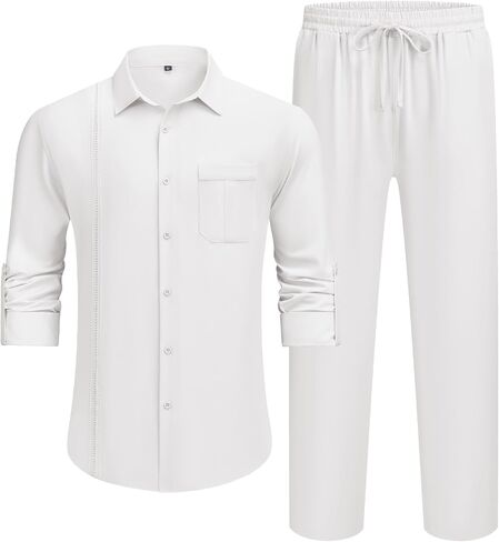 Ween Charm Mens قمصان غير رسمية 2 قطعة طويلة الأكمام زر أسفل القميص الكوبي والسراويل مجموعة شاطئ الصيف شاطئ in Kuwait