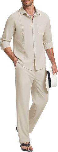 WEEN CHARM Mens Shirts Casual 2 Piece Long Sleeve Button Down Cuban Shirt and Pants Set Summer Beach Outfits in Kuwait