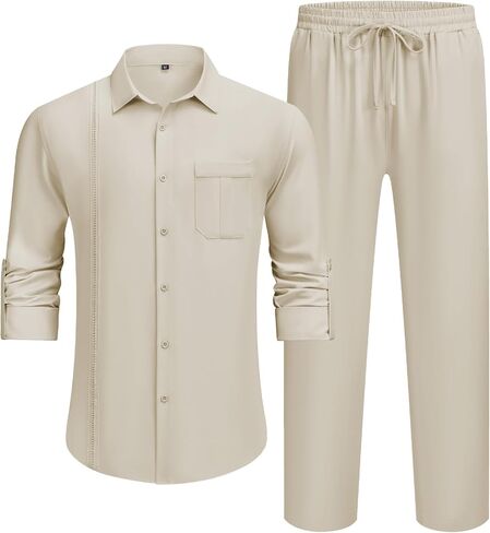 WEEN CHARM Mens Shirts Casual 2 Piece Long Sleeve Button Down Cuban Shirt and Pants Set Summer Beach Outfits in Kuwait