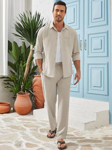 WEEN CHARM Mens Shirts Casual 2 Piece Long Sleeve Button Down Cuban Shirt and Pants Set Summer Beach Outfits in Kuwait