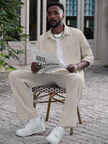 WEEN CHARM Mens Shirts Casual 2 Piece Long Sleeve Button Down Cuban Shirt and Pants Set Summer Beach Outfits in Kuwait