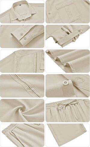 WEEN CHARM Mens Shirts Casual 2 Piece Long Sleeve Button Down Cuban Shirt and Pants Set Summer Beach Outfits in Kuwait