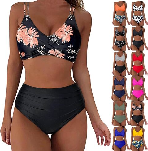 High Waisted Bikini Sets for Women Tummy Control Tropical Print Two Pieces Bathing Suit Front Cross Push Up Swimsuit in Kuwait
