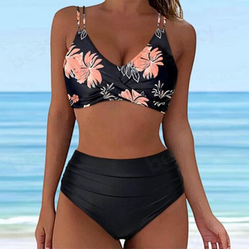 High Waisted Bikini Sets for Women Tummy Control Tropical Print Two Pieces Bathing Suit Front Cross Push Up Swimsuit in Kuwait