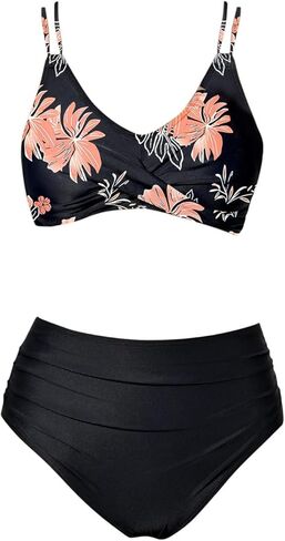High Waisted Bikini Sets for Women Tummy Control Tropical Print Two Pieces Bathing Suit Front Cross Push Up Swimsuit in Kuwait