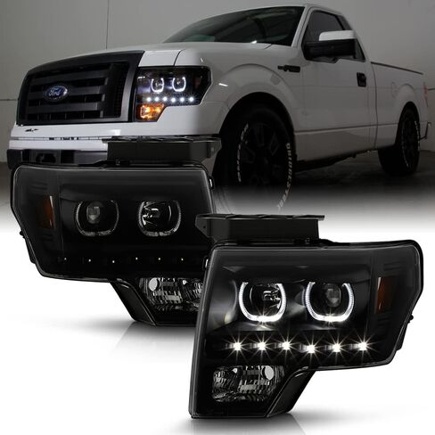 Acanii-من أجل Black Smoke 2009-2014 Ford F150 SMD LED Halo Projector المصابيح الأمامية 09-14 Set Pair Set + Side Side in Saudi Arabia