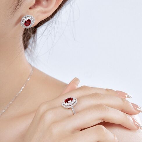 Oval Moissanite and Red Stone Ring in S925 Sterling Silver, Dazzling Ruby Jewelry as July Birthstone for Women in Kuwait
