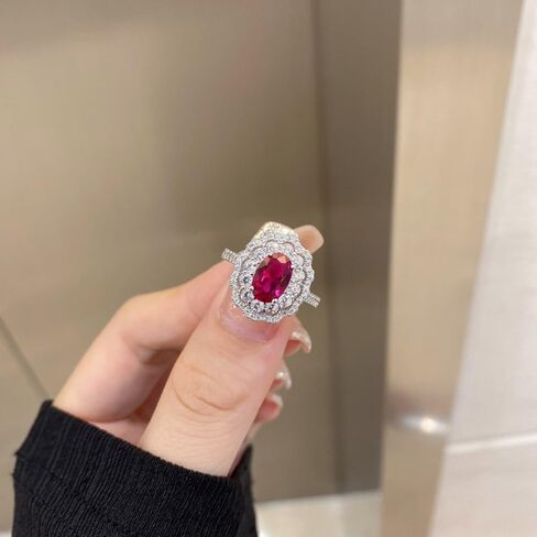 Oval Moissanite and Red Stone Ring in S925 Sterling Silver, Dazzling Ruby Jewelry as July Birthstone for Women in Kuwait
