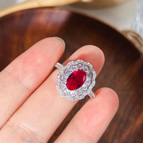 Oval Moissanite and Red Stone Ring in S925 Sterling Silver, Dazzling Ruby Jewelry as July Birthstone for Women in Kuwait