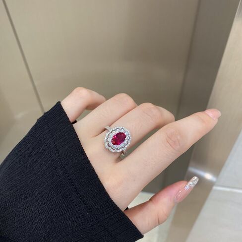 Oval Moissanite and Red Stone Ring in S925 Sterling Silver, Dazzling Ruby Jewelry as July Birthstone for Women in Kuwait