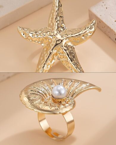 Gold Shell Starfish Ring for Women Large Starfish Conch Shell Ring Chunky Statement Seastar Seashell R-ing Summer Beach Ocean Jewelry Accessories Trendy Stuff in Saudi Arabia