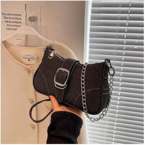 Denim Hobo Bag For Women Vintage Y2K Shoulder Crossbody Bags Underarm Purse, Retro Trendy Chain Satchel Clutch With Buckle in Saudi Arabia