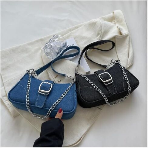 Denim Hobo Bag For Women Vintage Y2K Shoulder Crossbody Bags Underarm Purse, Retro Trendy Chain Satchel Clutch With Buckle in Saudi Arabia