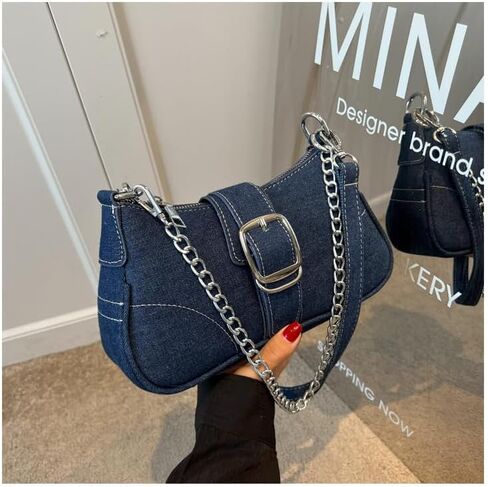 Denim Hobo Bag For Women Vintage Y2K Shoulder Crossbody Bags Underarm Purse, Retro Trendy Chain Satchel Clutch With Buckle in Saudi Arabia