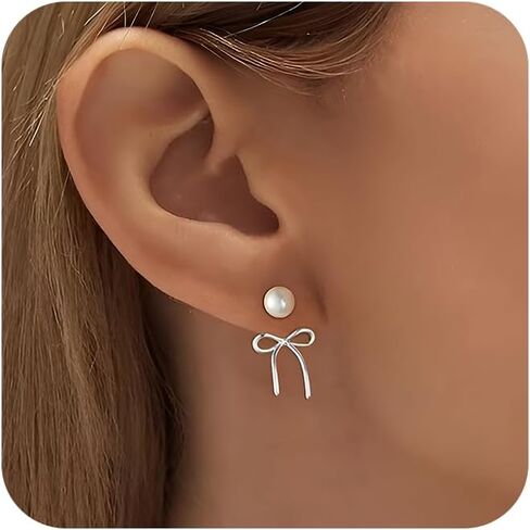 Gold Silver Pearl Earrings for Women - Hoop Earrings for Women Trendy 14K Gold Plated/Silver Twist Rope Bow Stud Bow Pearl Huggie Earring Hoops Pearls Dangle Cubic Zirconia Earring Jewelry Gift Womens in Saudi Arabia