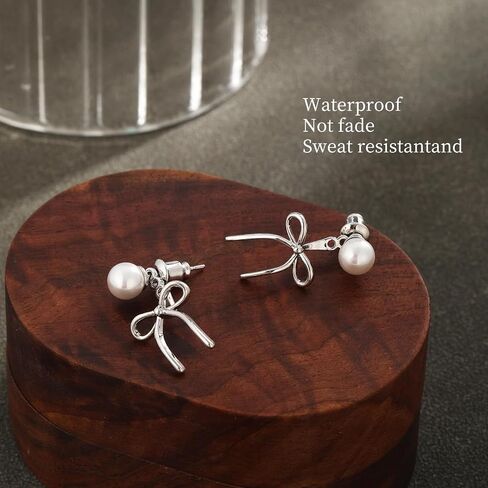Gold Silver Pearl Earrings for Women - Hoop Earrings for Women Trendy 14K Gold Plated/Silver Twist Rope Bow Stud Bow Pearl Huggie Earring Hoops Pearls Dangle Cubic Zirconia Earring Jewelry Gift Womens in Saudi Arabia