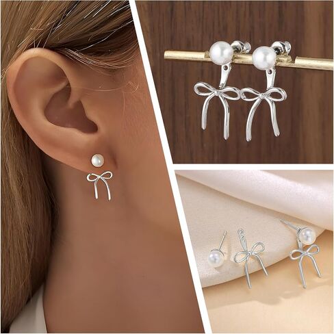 Gold Silver Pearl Earrings for Women - Hoop Earrings for Women Trendy 14K Gold Plated/Silver Twist Rope Bow Stud Bow Pearl Huggie Earring Hoops Pearls Dangle Cubic Zirconia Earring Jewelry Gift Womens in Saudi Arabia