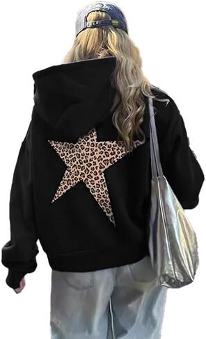 Women Oversized Leopard Star Graphic Hoodies Y2K Aesthetic Long Sleeve Pullover Sweatshirt Unisex Pullover Tops in Kuwait