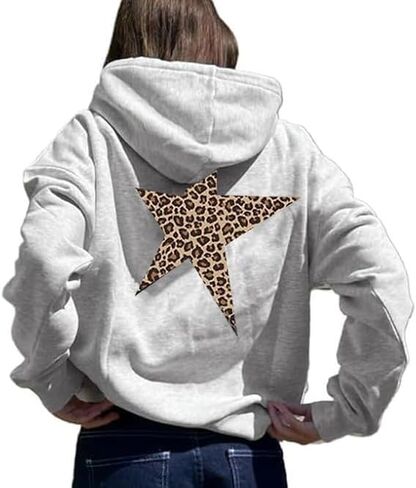 Women Oversized Leopard Star Graphic Hoodies Y2K Aesthetic Long Sleeve Pullover Sweatshirt Unisex Pullover Tops in Kuwait
