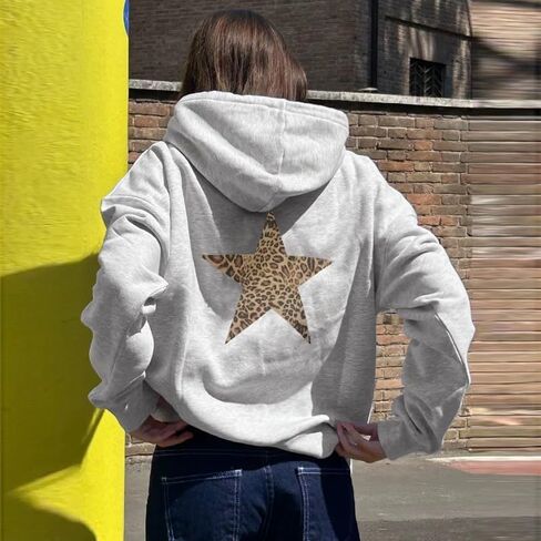Women Oversized Leopard Star Graphic Hoodies Y2K Aesthetic Long Sleeve Pullover Sweatshirt Unisex Pullover Tops in Kuwait