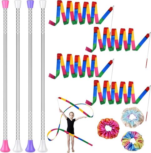 3 PCS Twirling Batons 3 PCS RIBBON DANCER WANDS و 3 PCS SCRUNCHIES RAINBOW للأطفال ، هراوات رقص Plulon 21in لبراتون Twirler ، وثيقة الجمباز للأطفال من أجل الرقص الفني in Kuwait