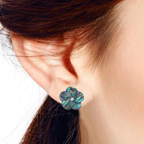 Aeravida Abalone Shell Plumeria Flower .925 Sterling Silver Post Earrings | أقراط أنيقة مستوحاة من الأزهار للنساء | المجوهرات الفضية الفضية والسترات الاسترليني in Saudi Arabia